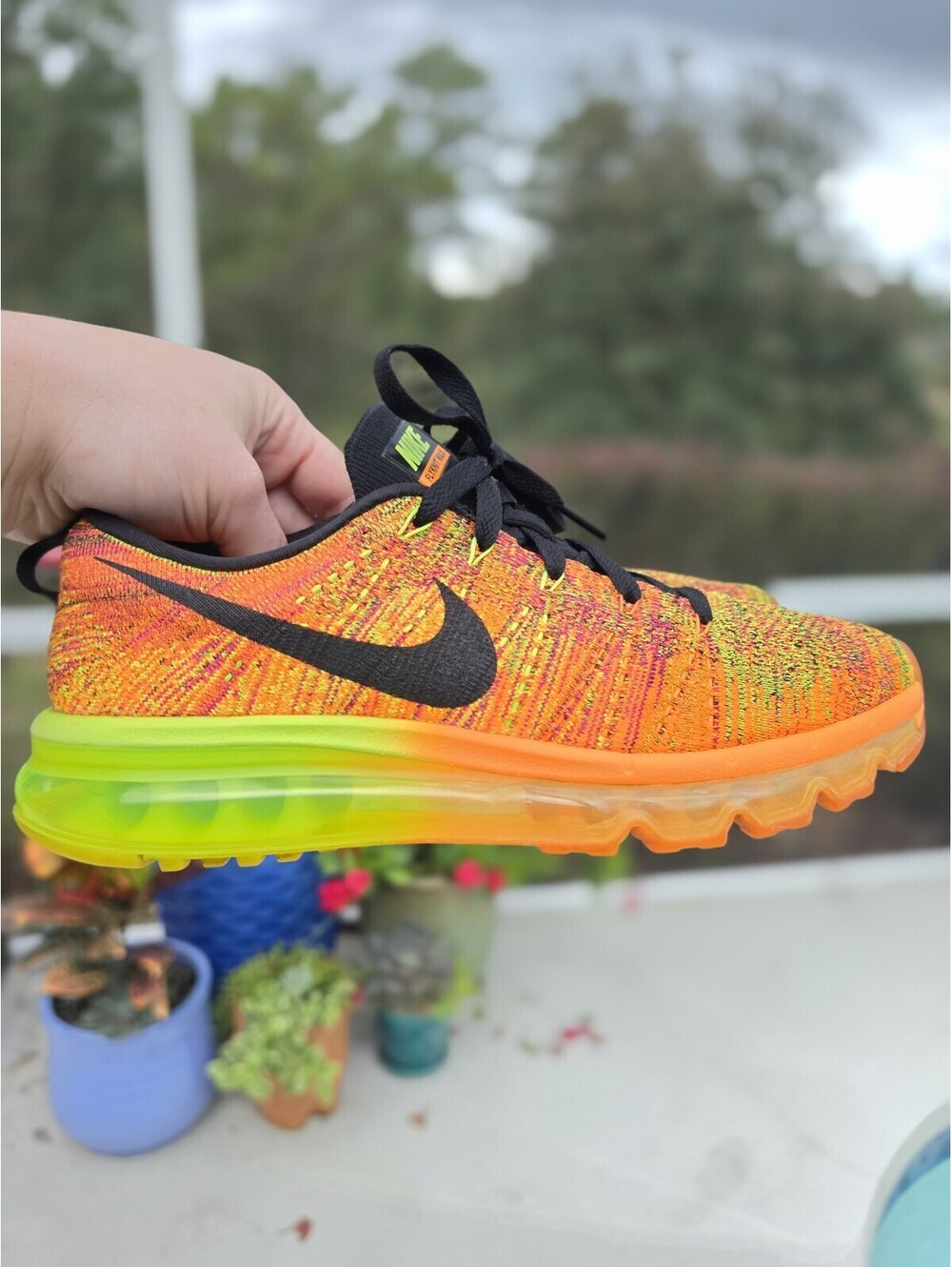 Nike Flyknit Air Max Total Orange Fireberry Running Shoes Mens 7.5 Women's 9 VGC